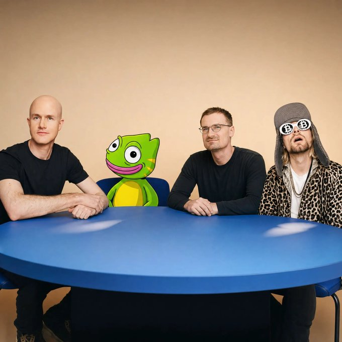 A playful meme showing SPIKE sitting at a blue table with Brian Armstrong and friends