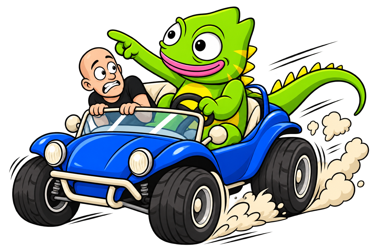 SPIKE the green iguana driving a tiny blue beach buggy, with a startled cartoon Brian Armstrong in the passenger seat